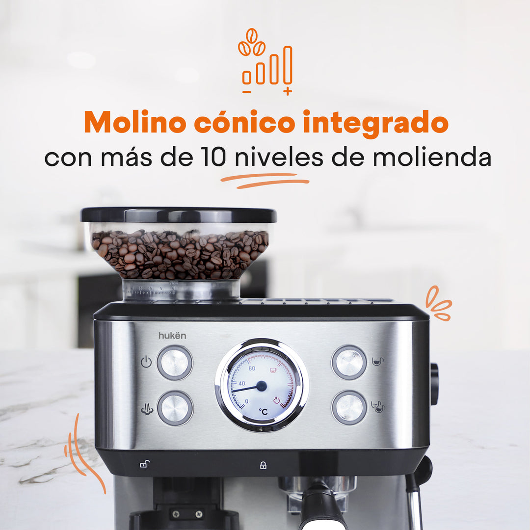 Máquina de Espresso con Molino BaristaPro | 20 Bares | Espumador de Leche | Tanque de 1.5L