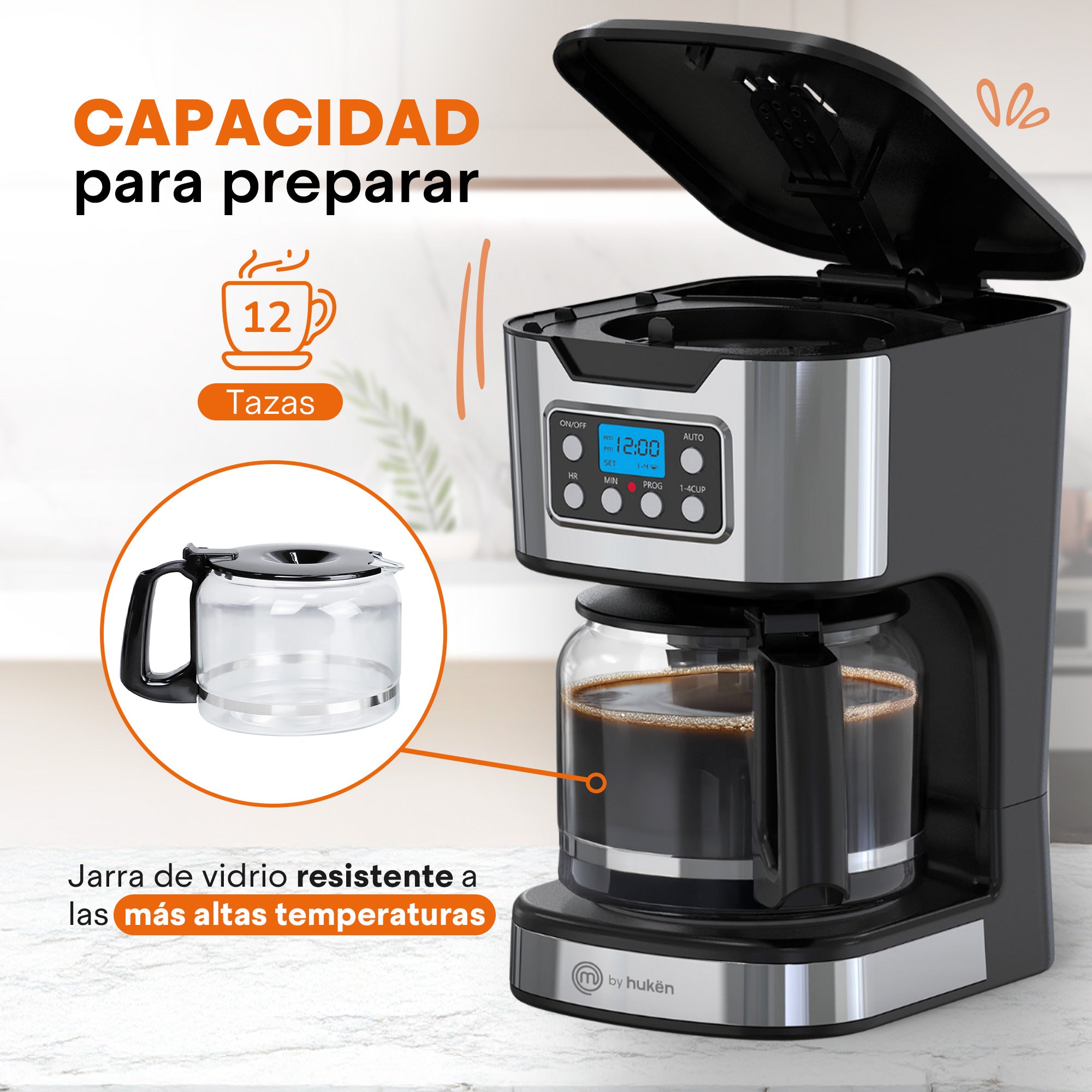 Cafetera Programable Tasty-Brew| 12 Tazas | Acero Inoxidable | Reloj Digital | Filtro Permanente