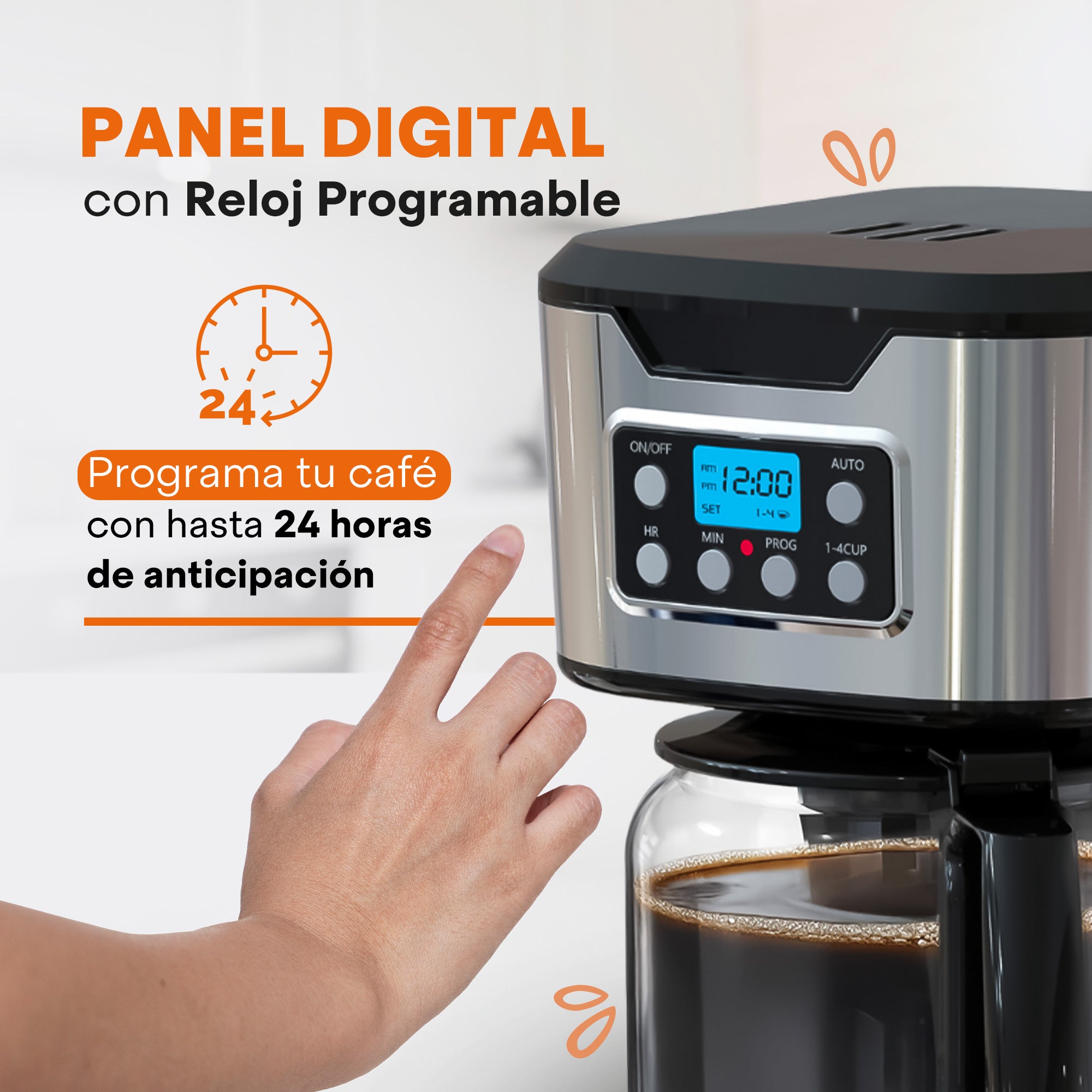 Cafetera Programable Tasty-Brew| 12 Tazas | Acero Inoxidable | Reloj Digital | Filtro Permanente