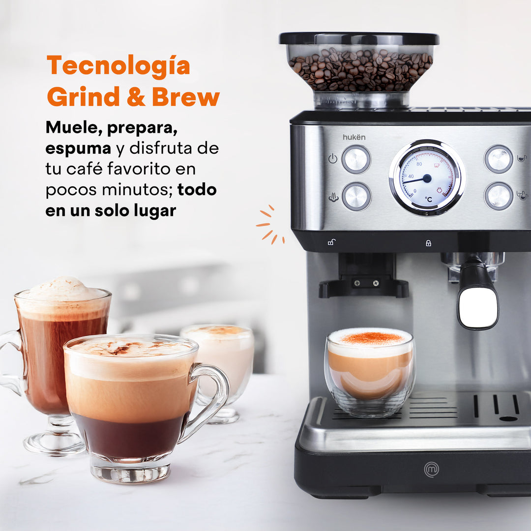 Máquina de Espresso con Molino BaristaPro | 20 Bares | Espumador de Leche | Tanque de 1.5L