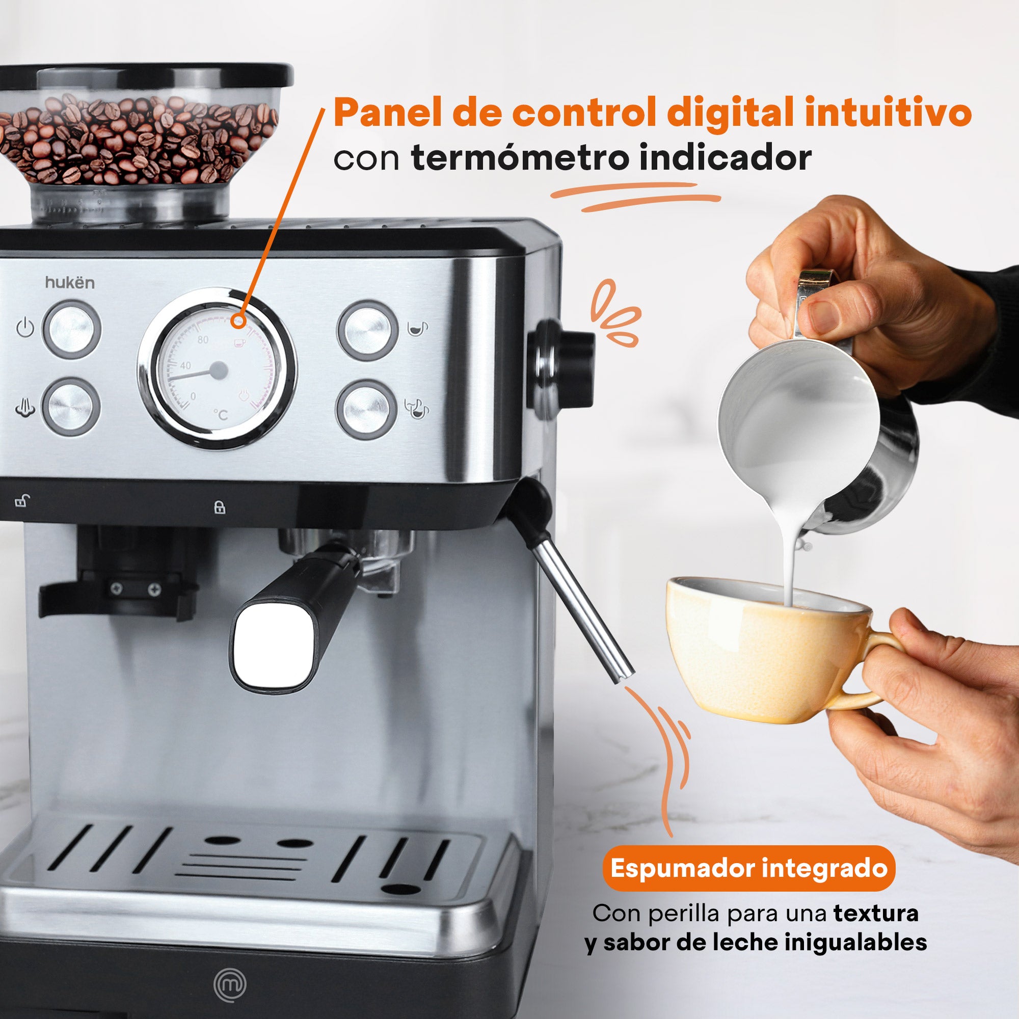 Máquina de Espresso con Molino BaristaPro | 20 Bares | Espumador de Leche | Tanque de 1.5L