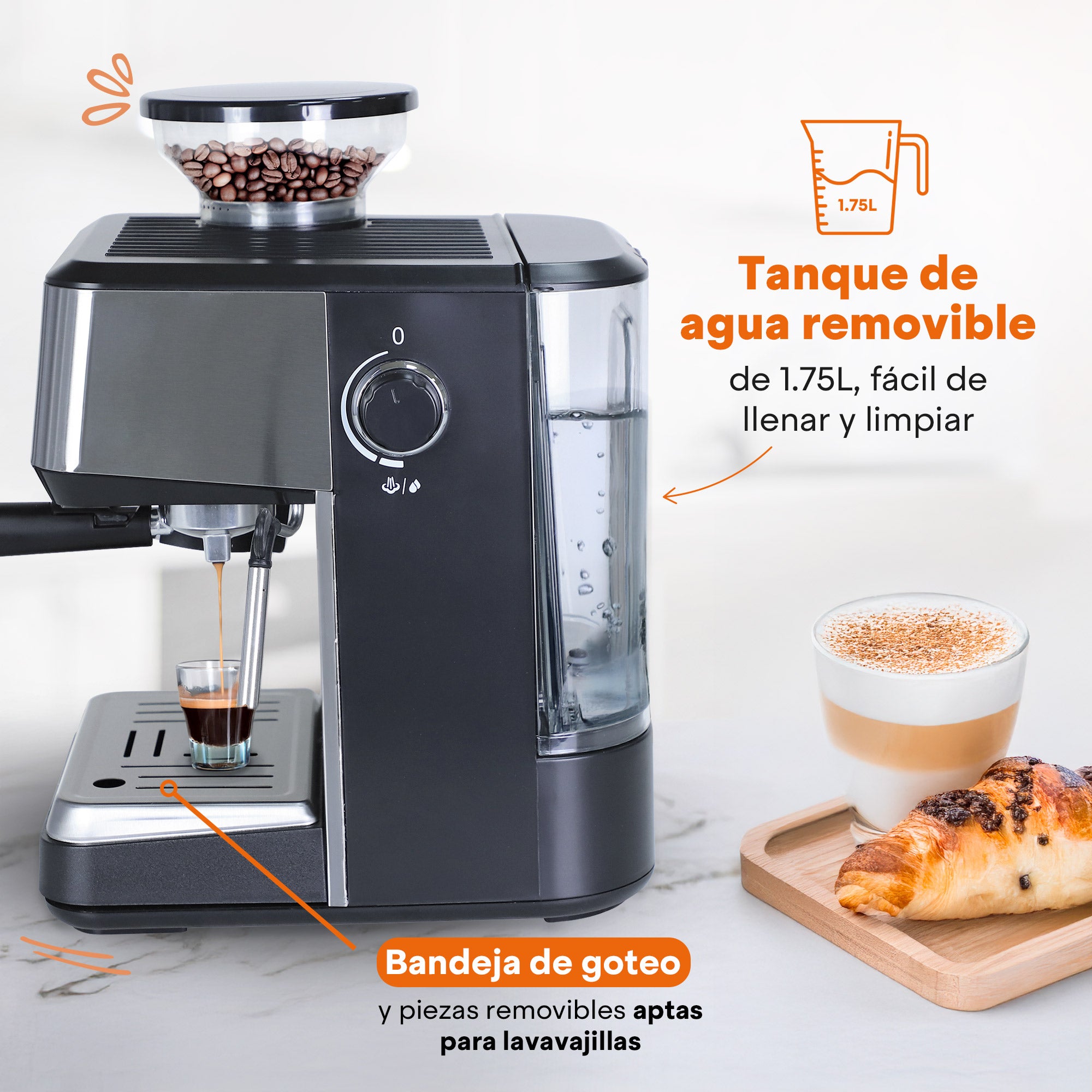 Máquina de Espresso con Molino BaristaPro | 20 Bares | Espumador de Leche | Tanque de 1.5L