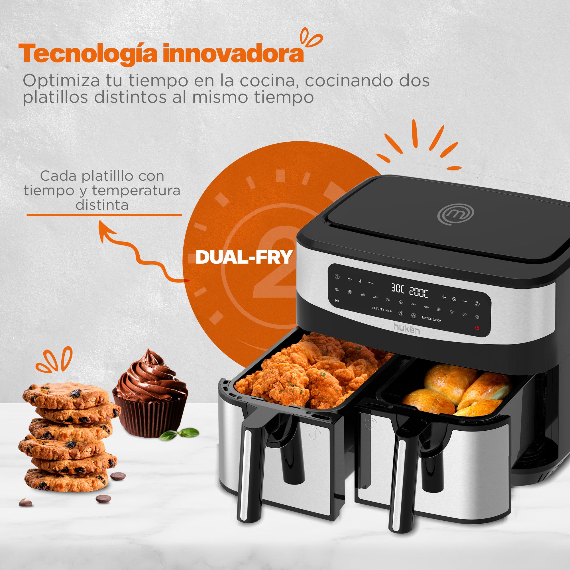 Freidora de Aire Multifuncional Dual Cook+  |  2 en 1 | Air Fryer | 9 Litros | Dual-Fry | Touch | Acero Inoxidable