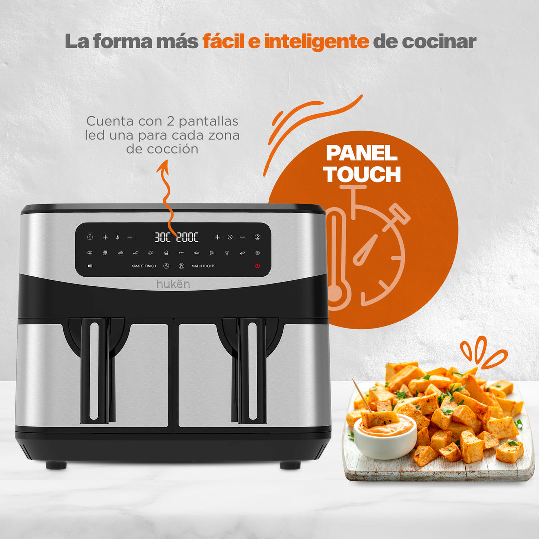 Freidora de Aire Multifuncional Dual Cook+  |  2 en 1 | Air Fryer | 9 Litros | Dual-Fry | Touch | Acero Inoxidable
