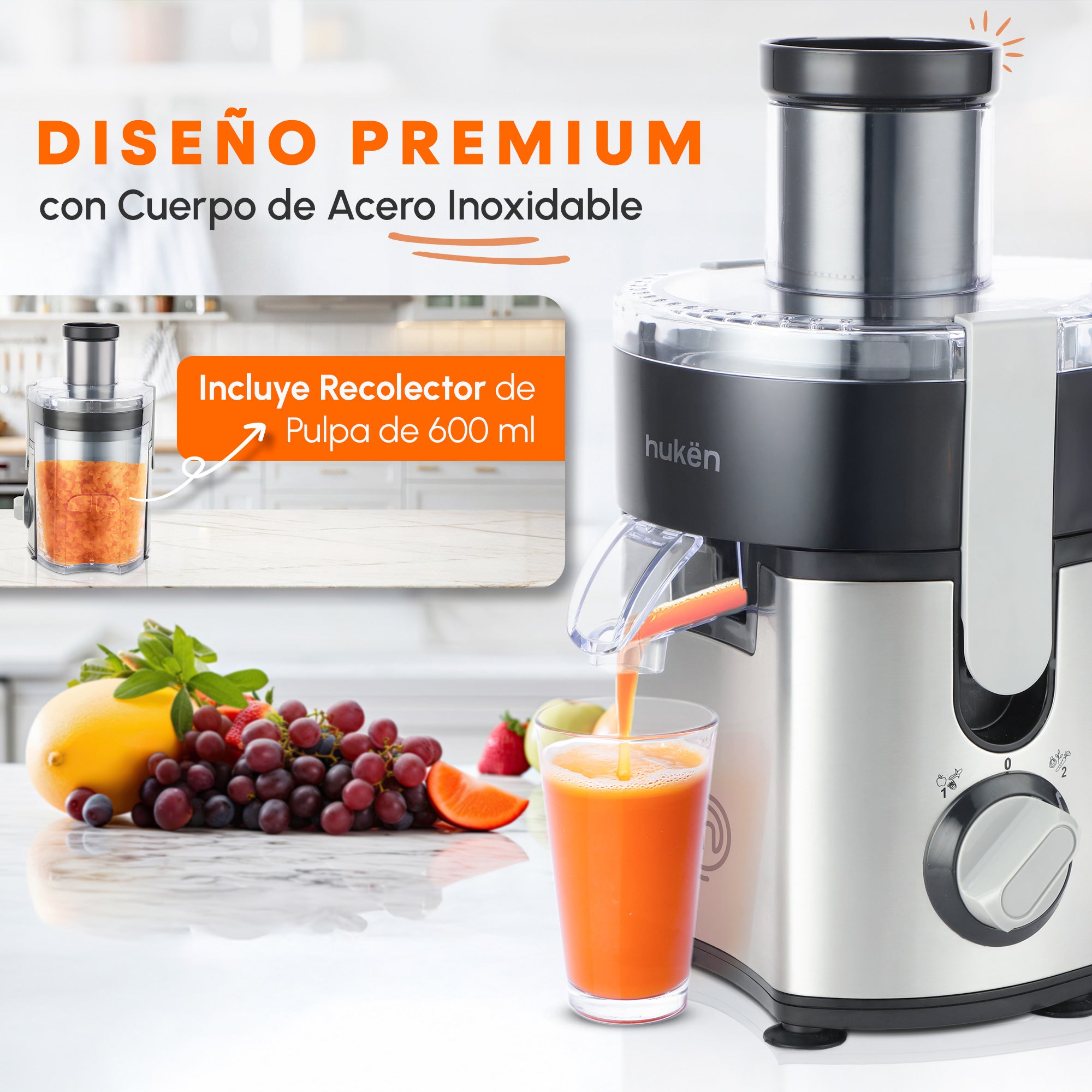 Extractor de Jugos Fresh+ | 400W | Acero Inoxidable | 2 Velocidades | Recolector de Pulpa 600ml