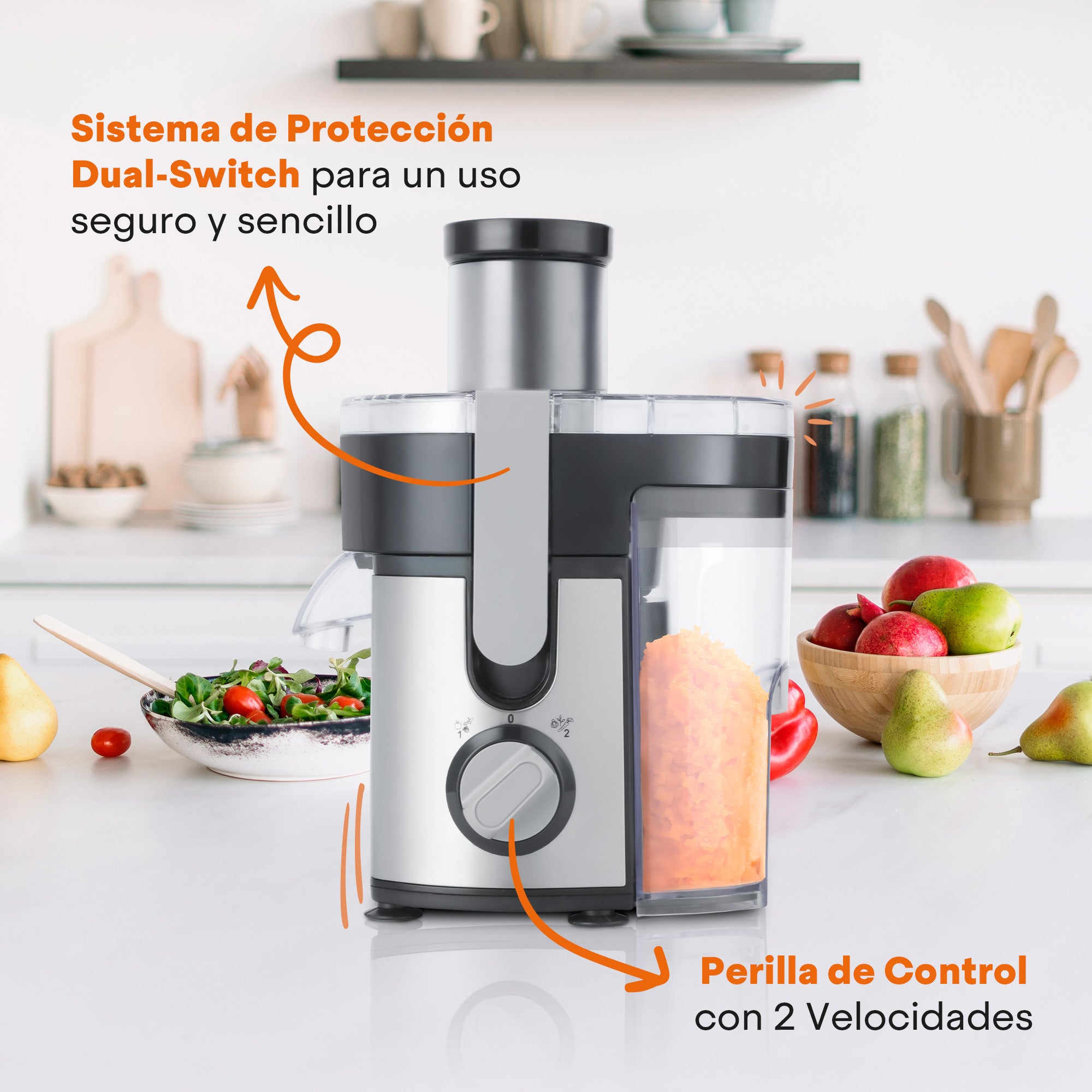Extractor de Jugos Fresh+ | 400W | Acero Inoxidable | 2 Velocidades | Recolector de Pulpa 600ml